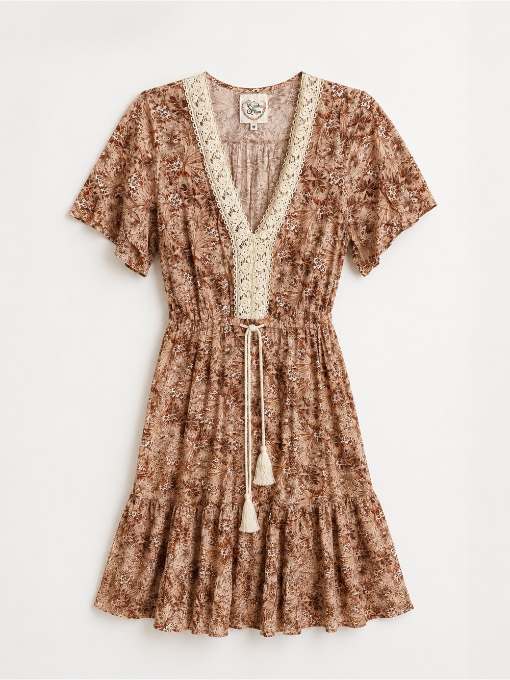 Boho Floral Lace-Trim Brown Dress